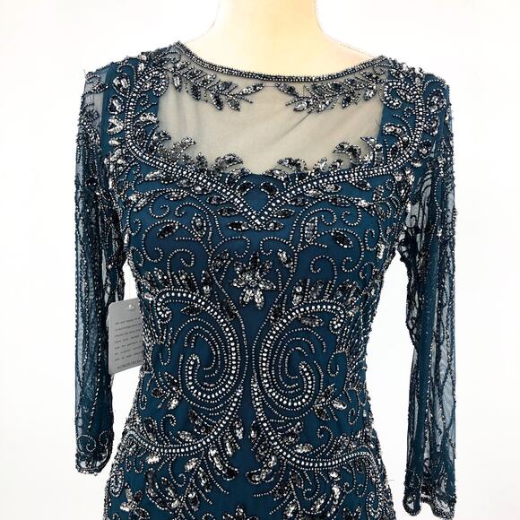 PISARRO NIGHTS Beaded Mesh Gown Size 4 Blue Rich Sapphire Mock Two-Piece NWT - Picture 7 of 13